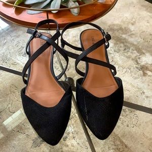 Black suede work sandals. Close toed